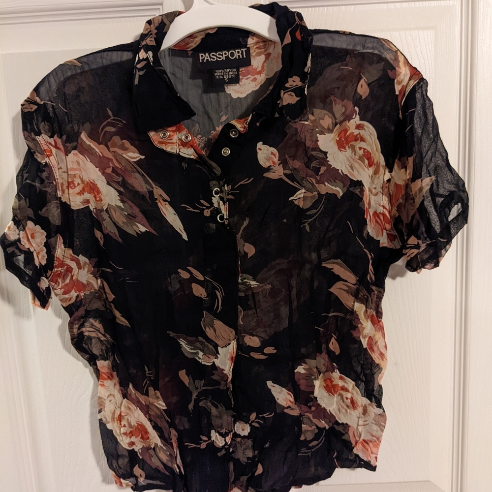 Floral sheer button-up top with collar
